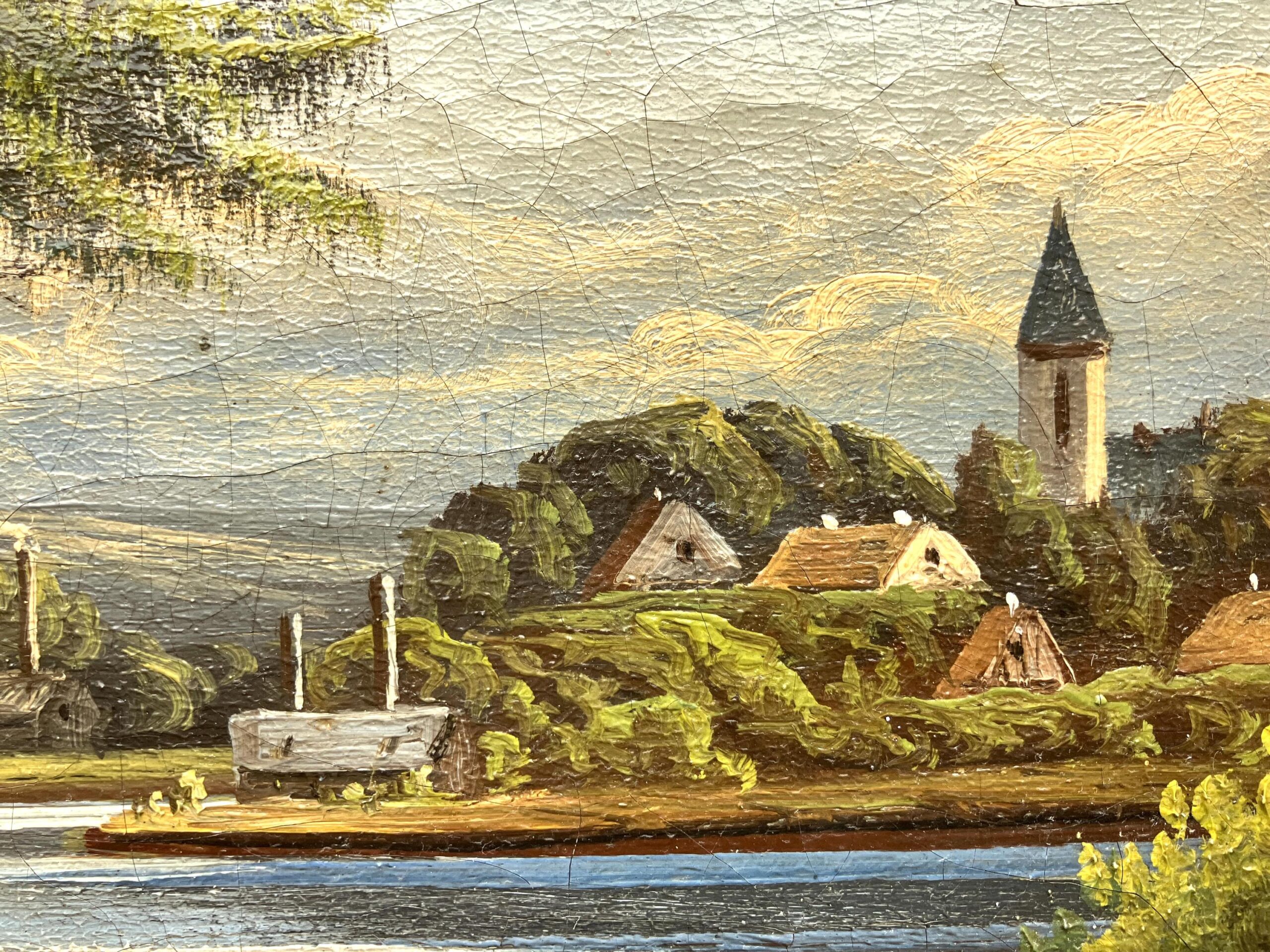 Antique European Lake Landscape Oil Painting – Romantic Village Scene 1894 - Image 6