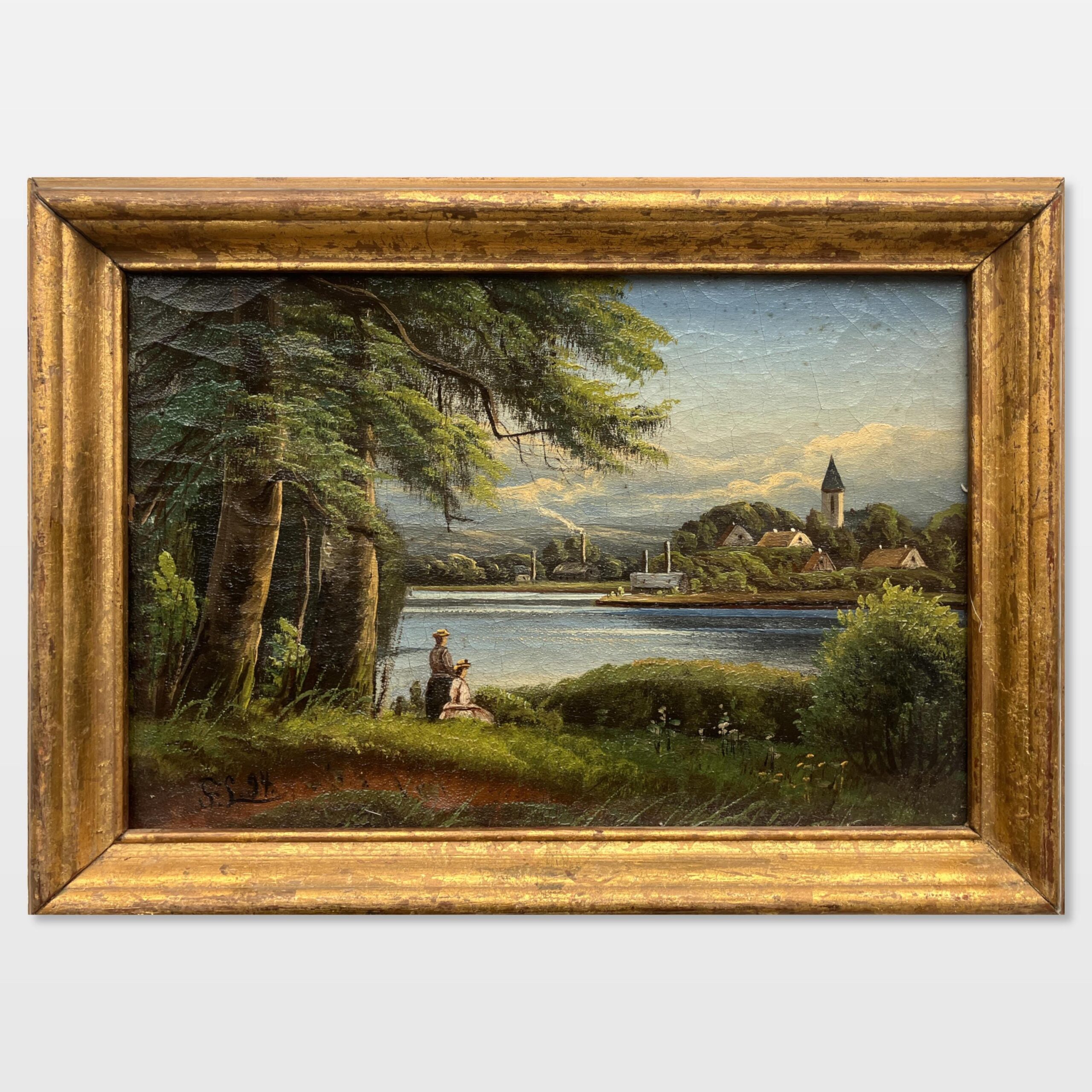 Antique European Lake Landscape Oil Painting – Romantic Village Scene 1894 - Image 2