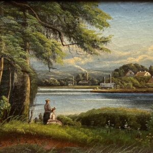 Antique European Lake Landscape Oil Painting – Romantic Village Scene 1894 - Image 4