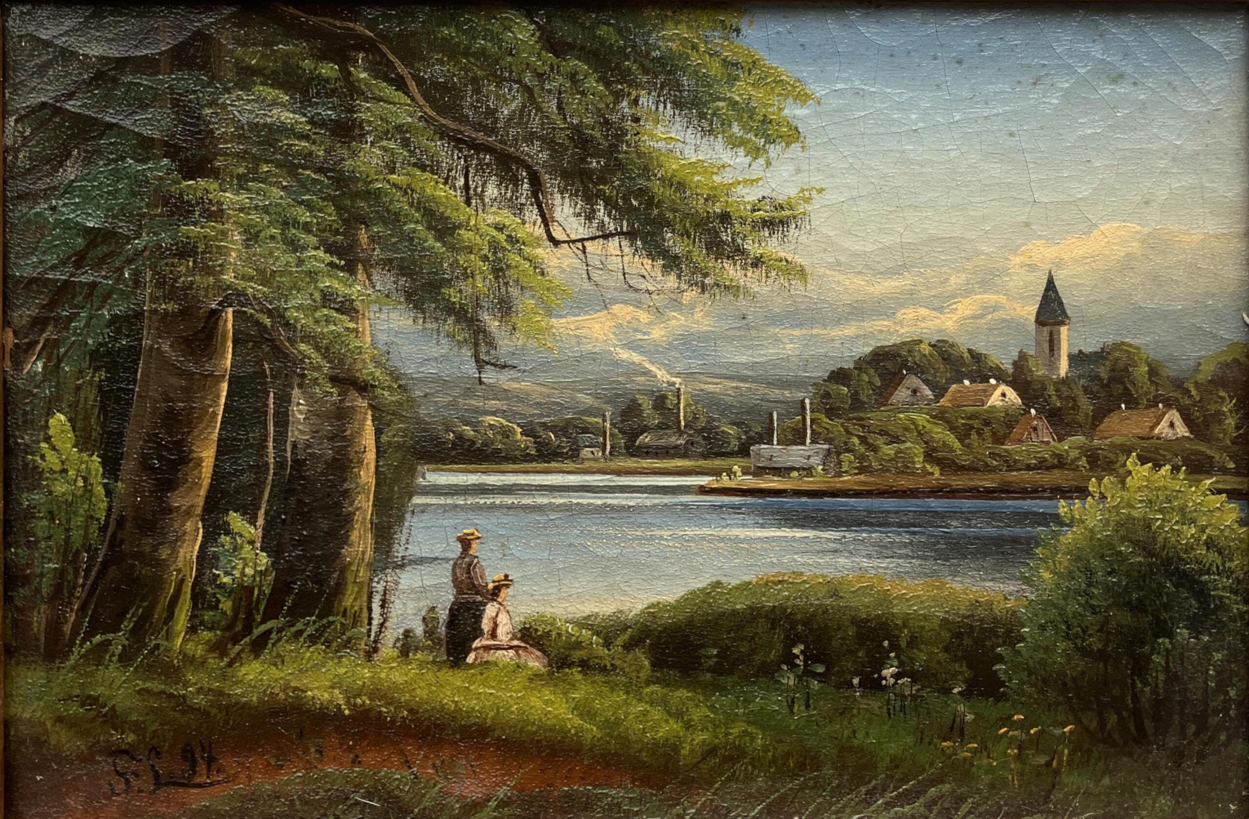 Antique European Lake Landscape Oil Painting – Romantic Village Scene 1894 - Image 4