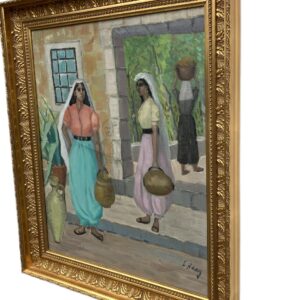 Mediterranean Village Scene with Women Carrying Water Jars Oil Painting, Vintage Scandinavian Wall - Image 4