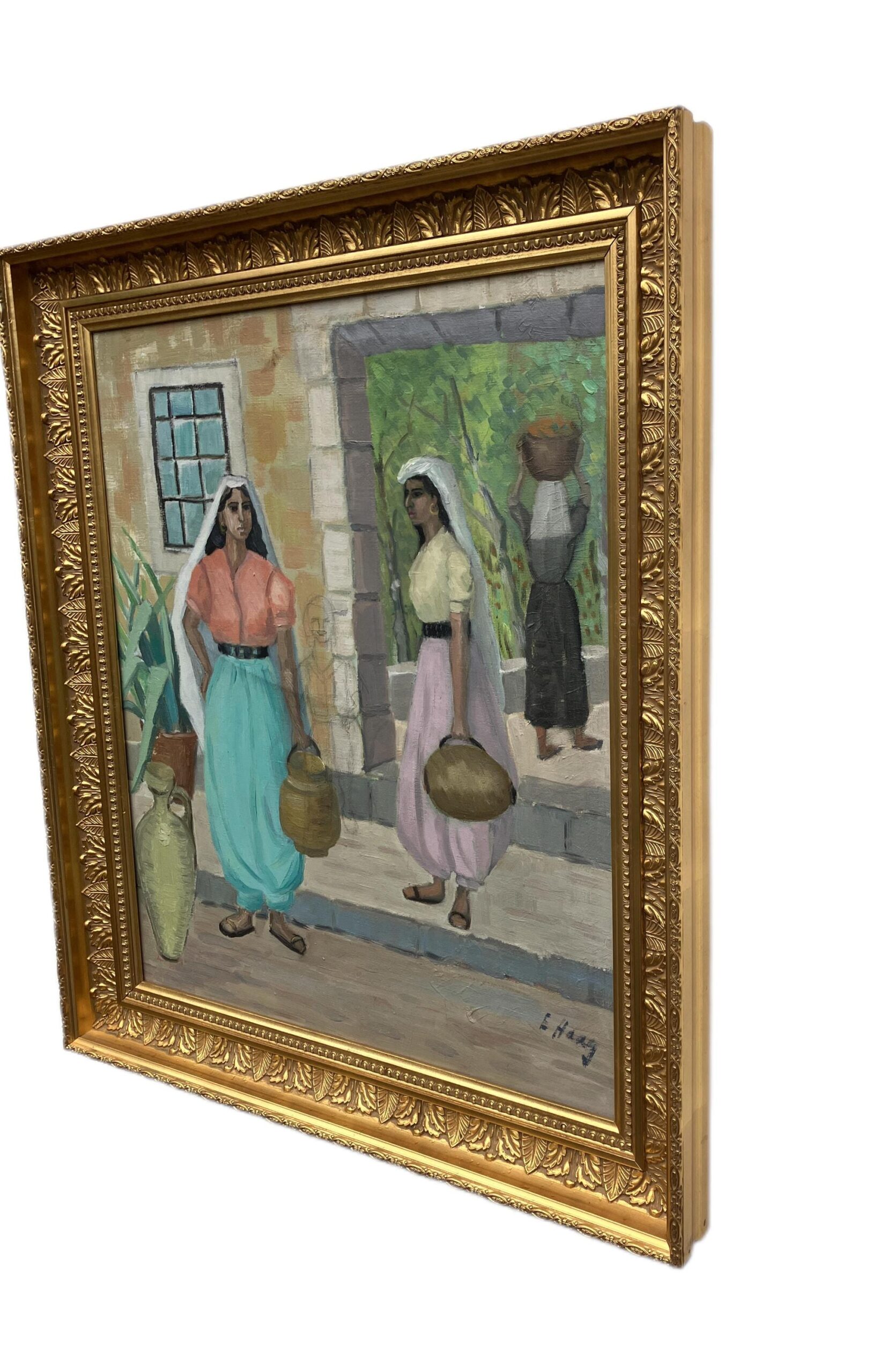 Mediterranean Village Scene with Women Carrying Water Jars Oil Painting, Vintage Scandinavian Wall - Image 4