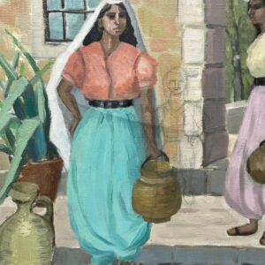 Mediterranean Village Scene with Women Carrying Water Jars Oil Painting, Vintage Scandinavian Wall - Image 6