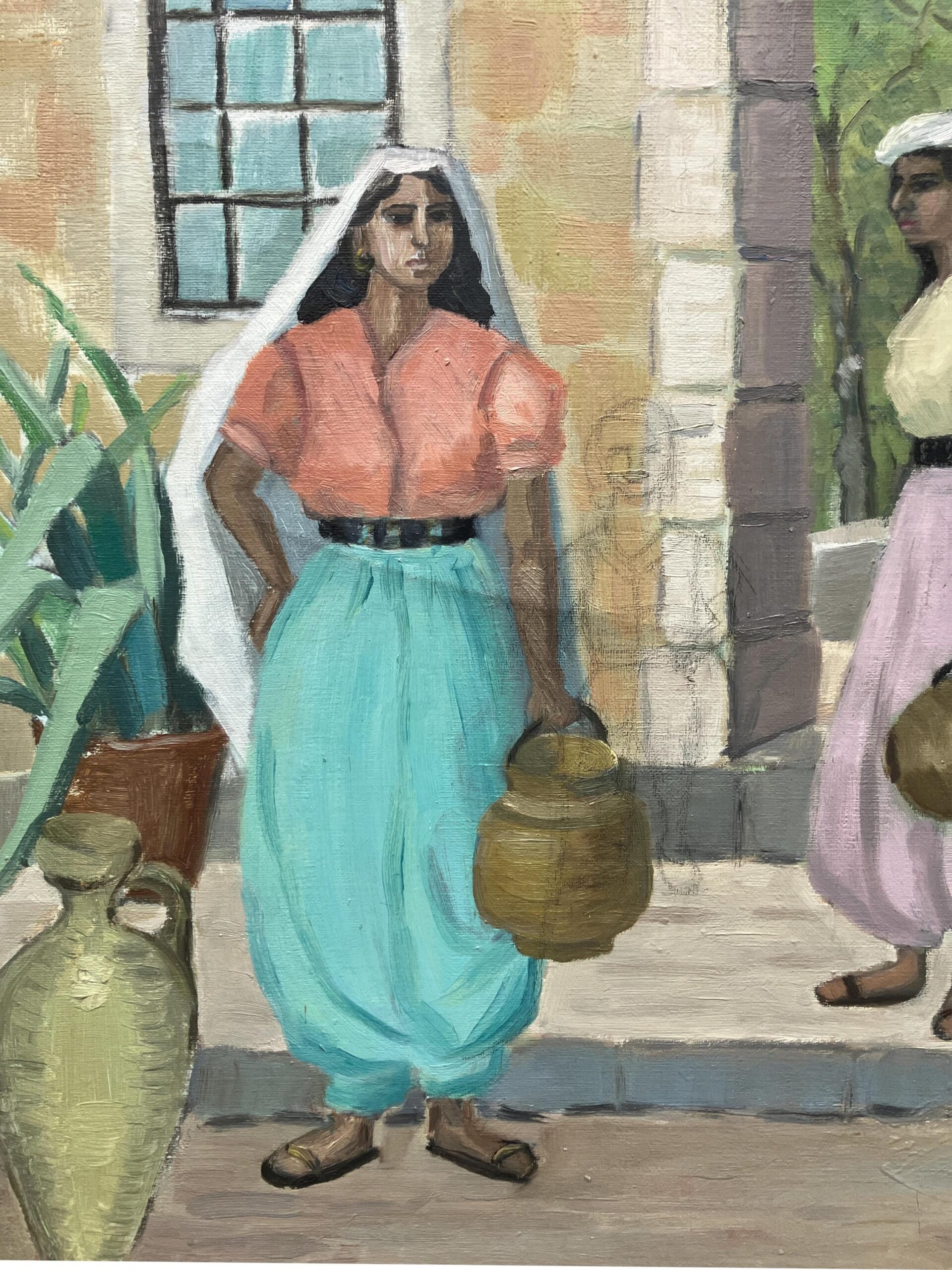 Mediterranean Village Scene with Women Carrying Water Jars Oil Painting, Vintage Scandinavian Wall - Image 6
