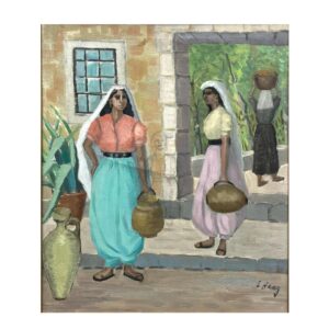 Mediterranean Village Scene with Women Carrying Water Jars Oil Painting, Vintage Scandinavian Wall - Image 5