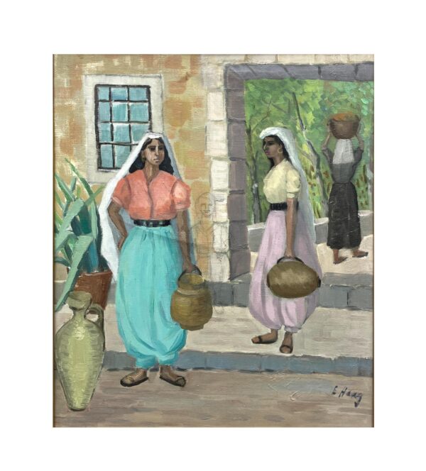 Mediterranean Village Scene with Women Carrying Water Jars Oil Painting, Vintage Scandinavian Wall
