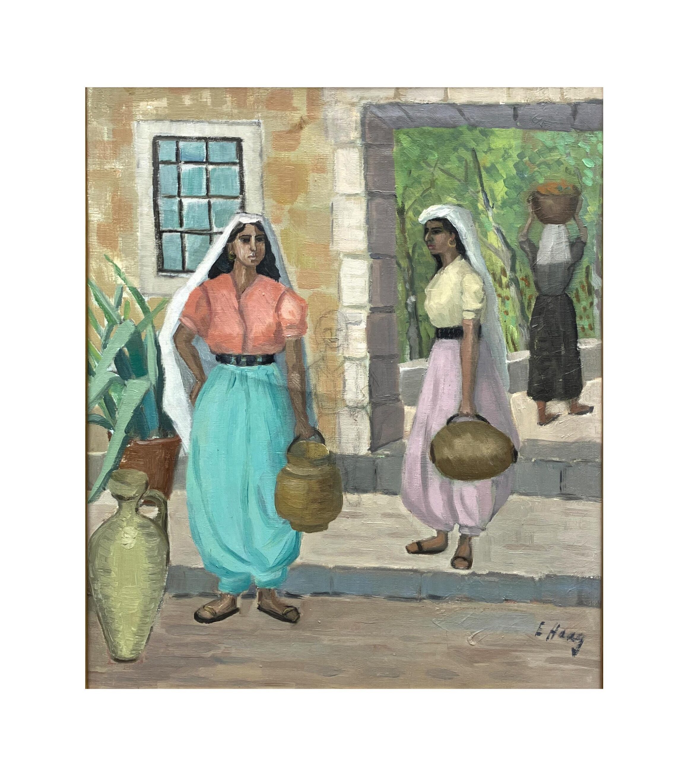 Mediterranean Village Scene with Women Carrying Water Jars Oil Painting, Vintage Scandinavian Wall - Image 5