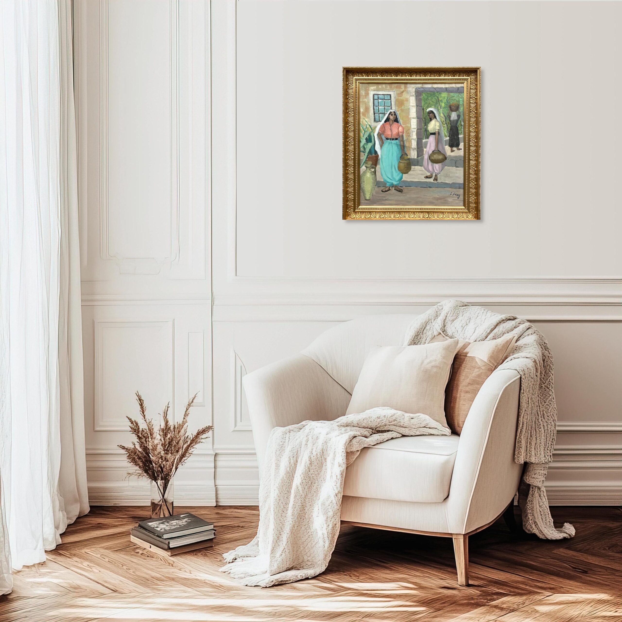 Mediterranean Village Scene with Women Carrying Water Jars Oil Painting, Vintage Scandinavian Wall - Image 2
