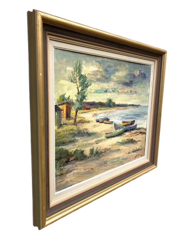 Scandinavian Beach Boats Oil Painting, Vintage Nordic Coastal Wall Art