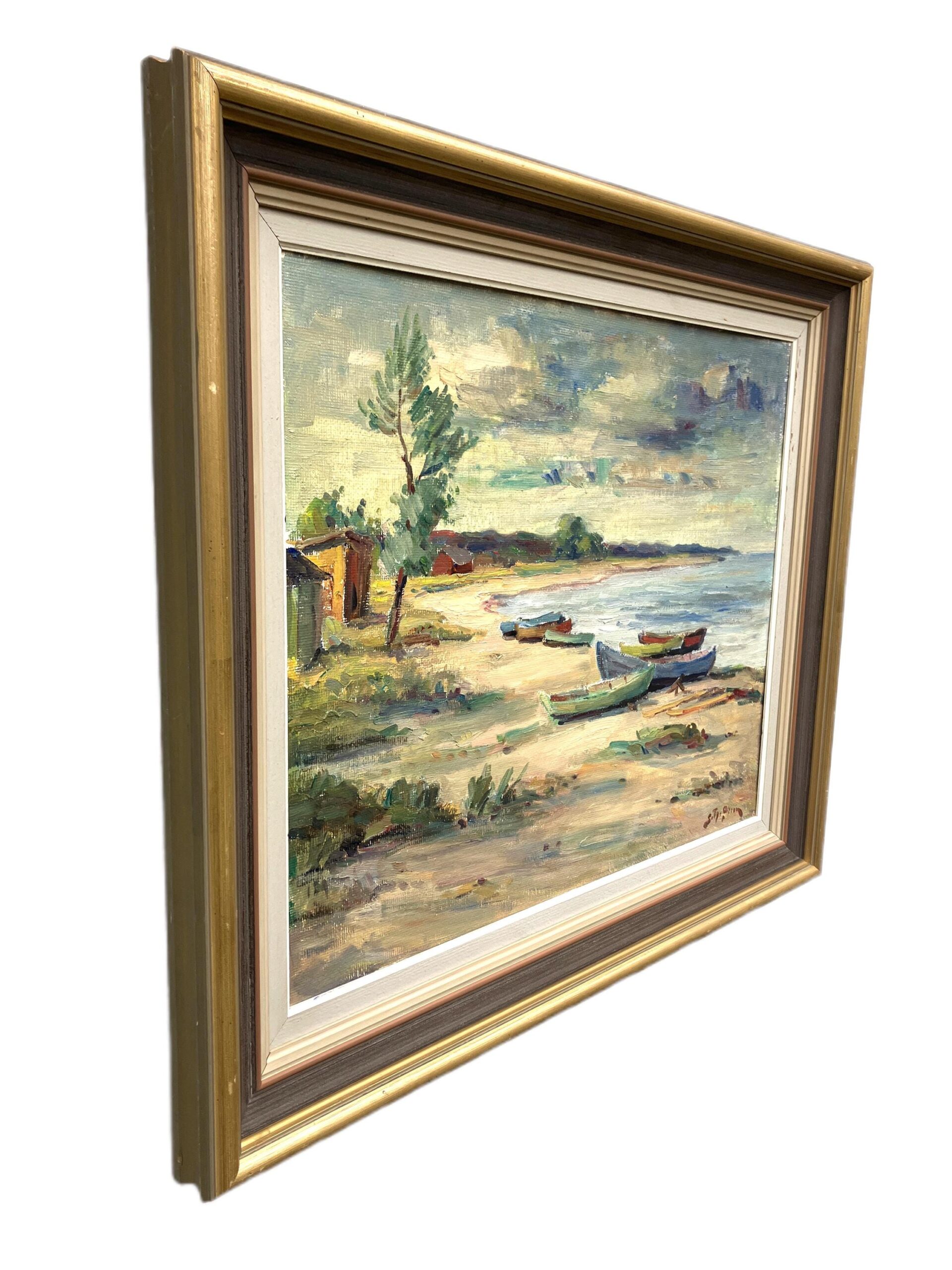 Scandinavian Beach Boats Oil Painting, Vintage Nordic Coastal Wall Art - Image 9