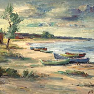 Scandinavian Beach Boats Oil Painting, Vintage Nordic Coastal Wall Art - Image 3