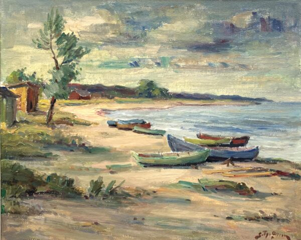 Scandinavian Beach Boats Oil Painting, Vintage Nordic Coastal Wall Art