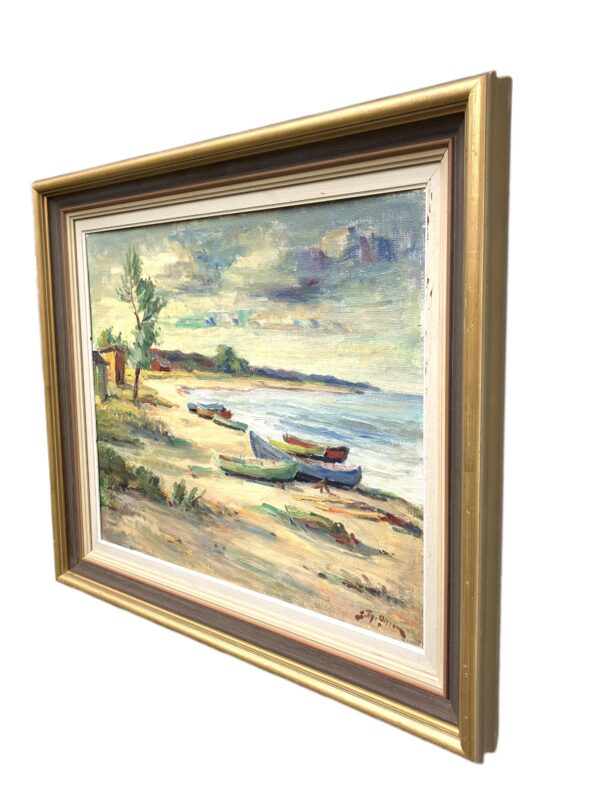 Scandinavian Beach Boats Oil Painting, Vintage Nordic Coastal Wall Art