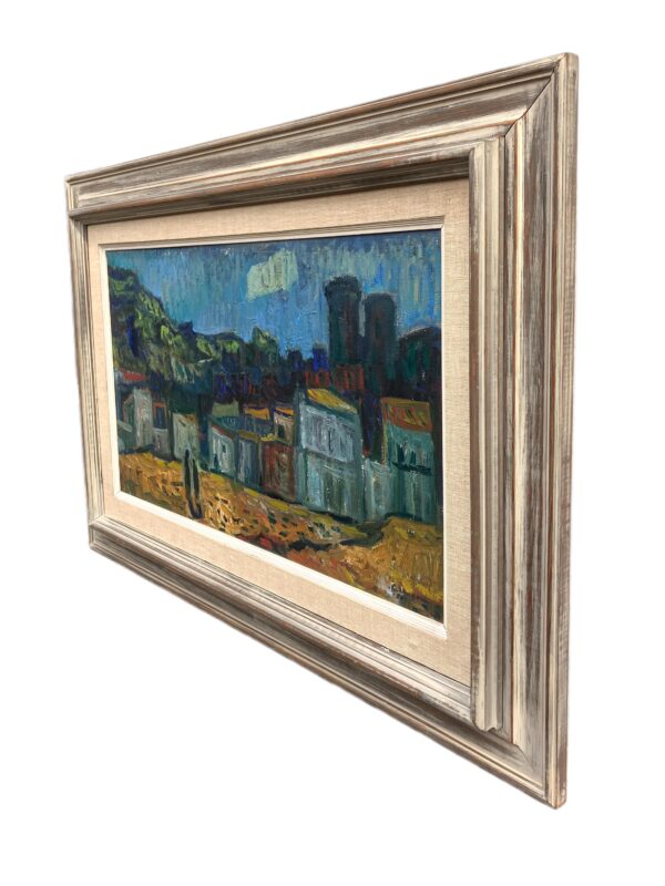 Mediterranean Village Oil Painting, Large Vintage Scandinavian Wall Art