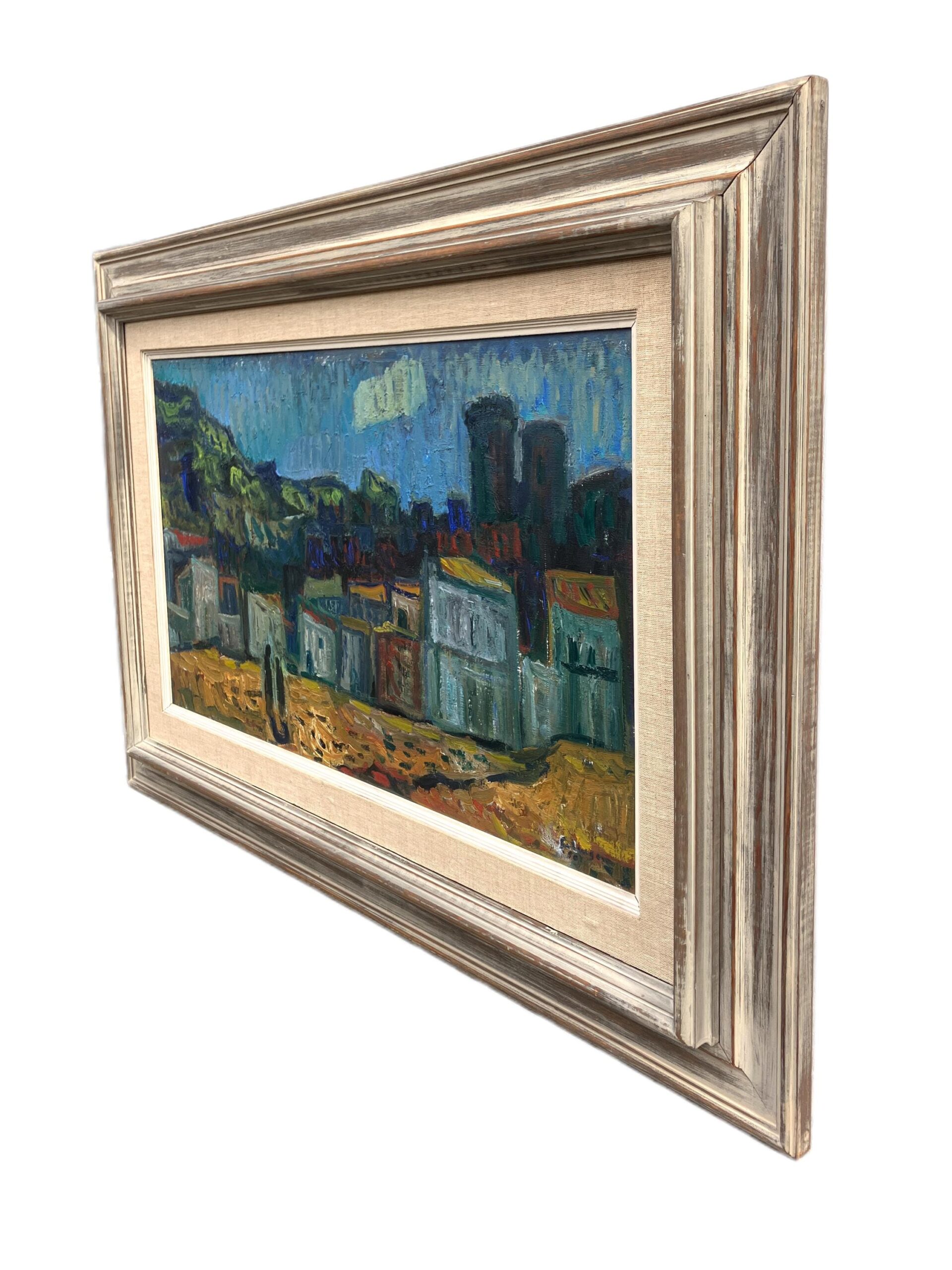 Mediterranean Village Oil Painting, Large Vintage Scandinavian Wall Art - Image 6