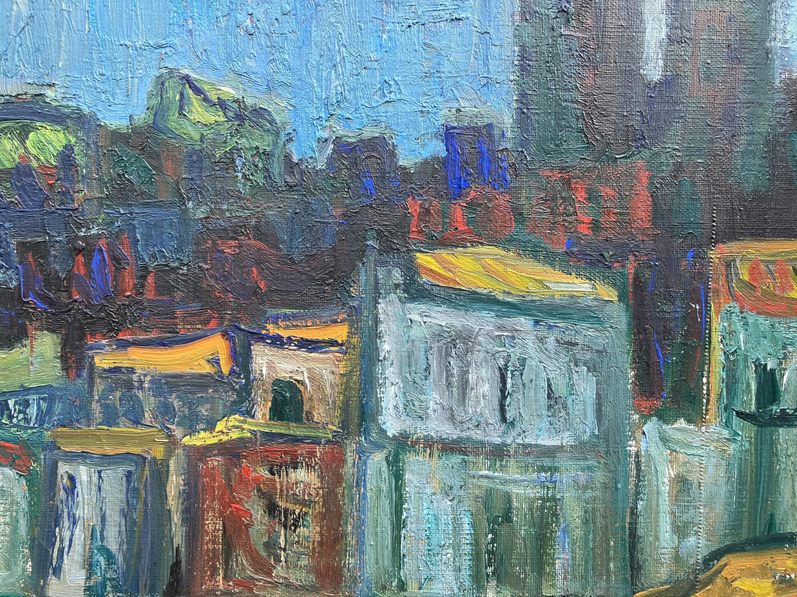 Mediterranean Village Oil Painting, Large Vintage Scandinavian Wall Art - Image 8