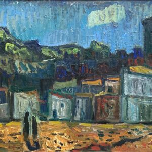 Mediterranean Village Oil Painting, Large Vintage Scandinavian Wall Art - Image 7