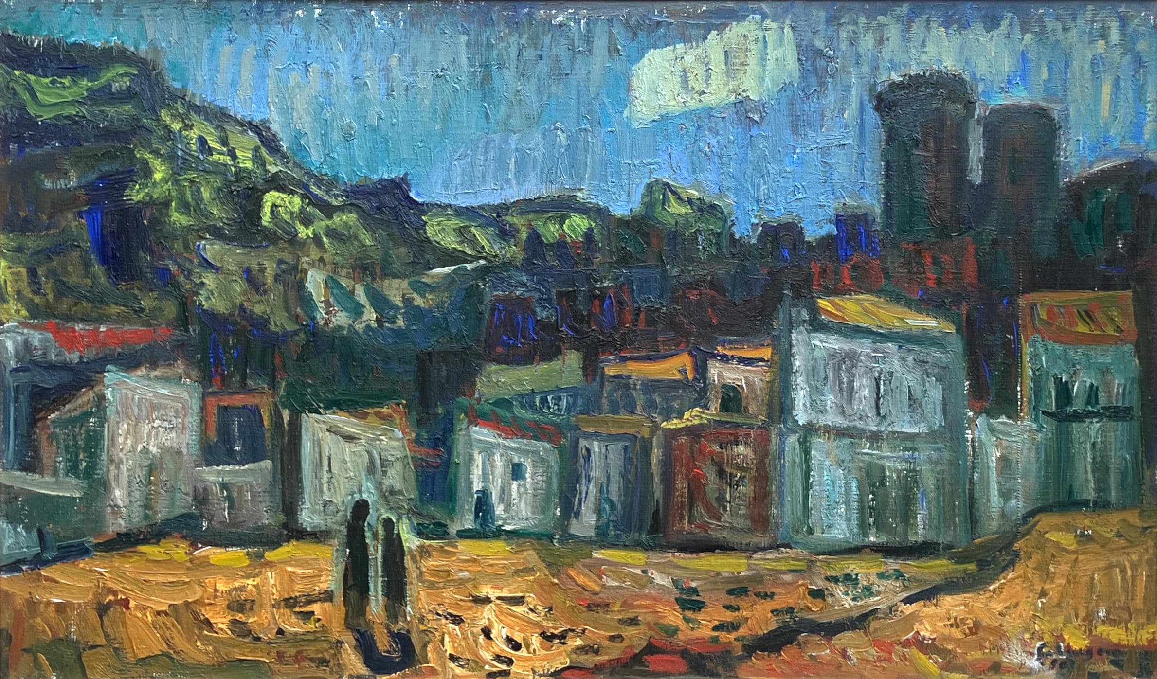 Mediterranean Village Oil Painting, Large Vintage Scandinavian Wall Art - Image 7