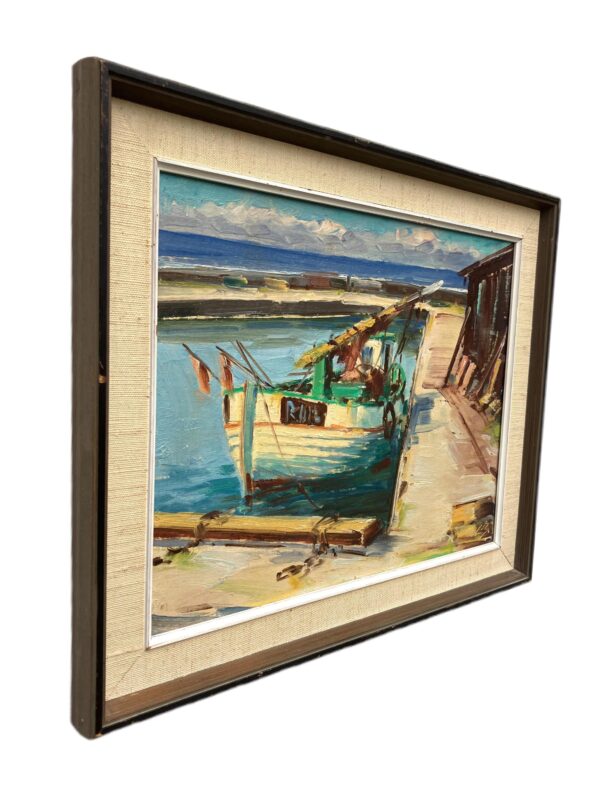 Harbor Scene with Fishing Boats Painting, Vintage Danish Oil Painting, Coastal Art