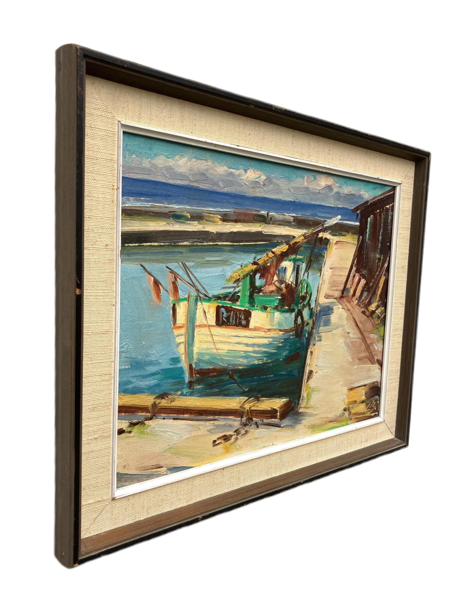 Harbor Scene with Fishing Boats Painting, Vintage Danish Oil Painting, Coastal Art - Image 2