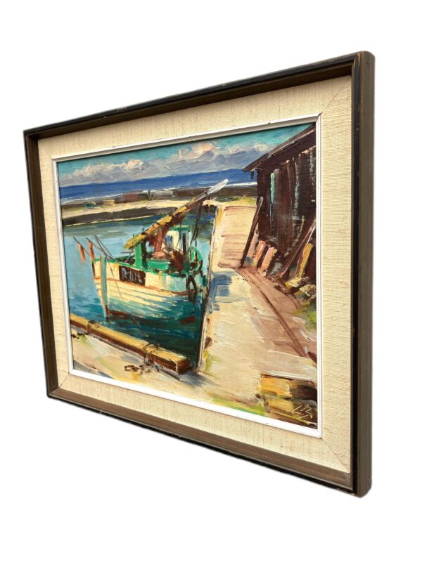 Harbor Scene with Fishing Boats Painting, Vintage Danish Oil Painting, Coastal Art