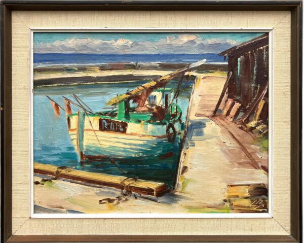 Harbor Scene with Fishing Boats Painting, Vintage Danish Oil Painting, Coastal Art