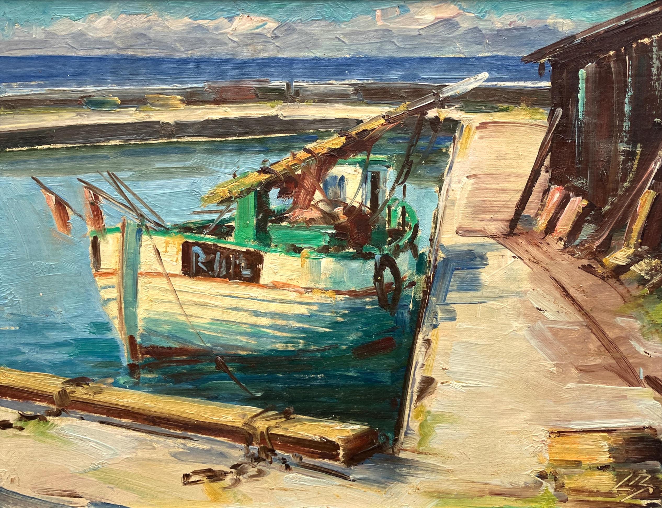 Harbor Scene with Fishing Boats Painting, Vintage Danish Oil Painting, Coastal Art - Image 5
