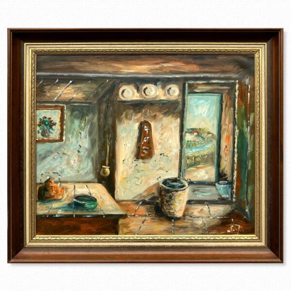 Danish farmhouse interior - Original Vintage Oil Painting - signed by the artist - Mid-Century Art