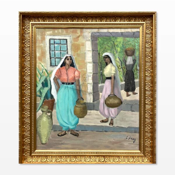 Mediterranean Village Scene with Women Carrying Water Jars Oil Painting, Vintage Scandinavian Wall