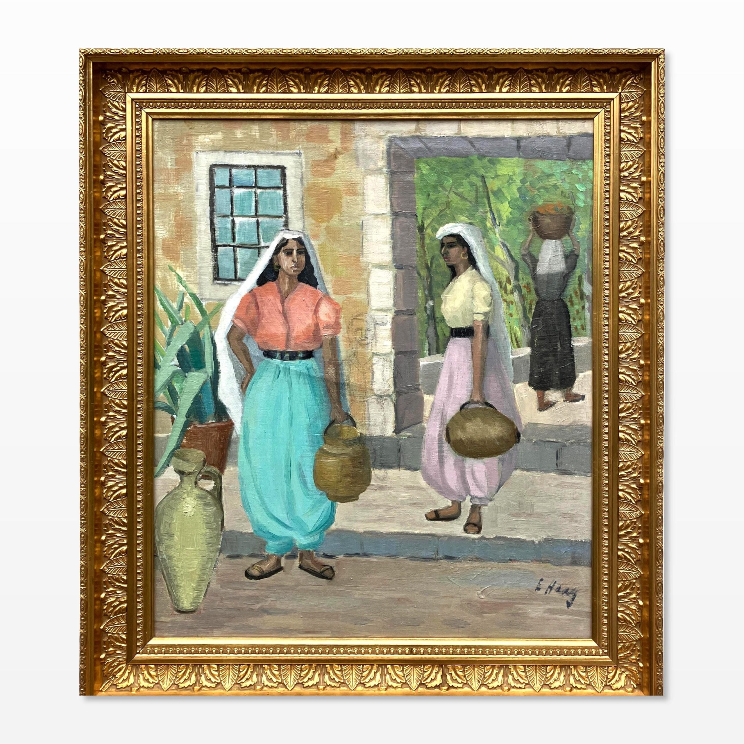 Mediterranean Village Scene with Women Carrying Water Jars Oil Painting, Vintage Scandinavian Wall - Image 1