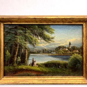 Antique European Lake Landscape Oil Painting – Romantic Village Scene 1894 - Image 1
