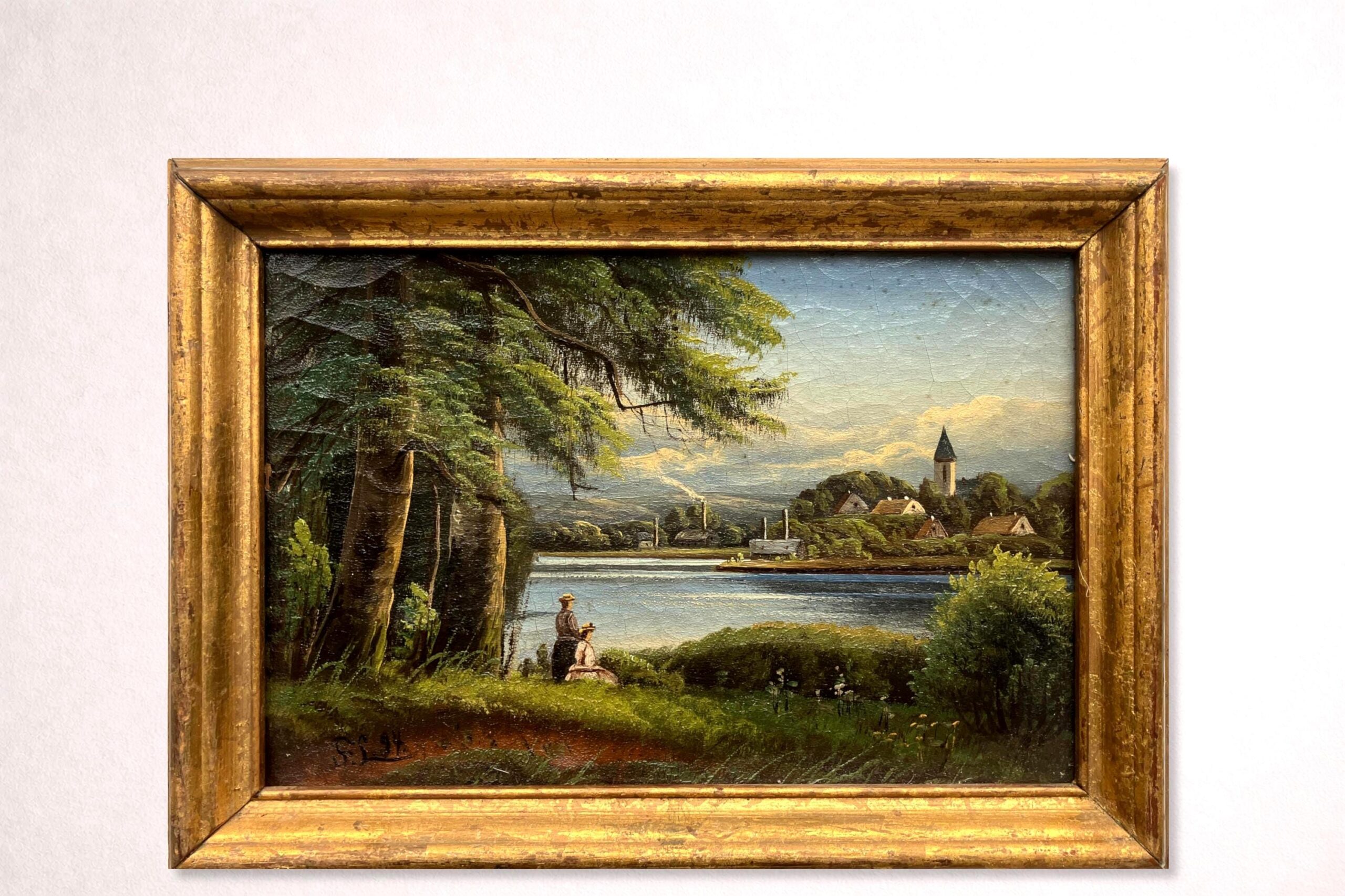 Antique European Lake Landscape Oil Painting – Romantic Village Scene 1894 - Image 1