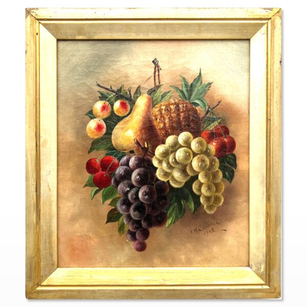 Antique European Fruit Still Life Oil Painting – Grapes, Pear, Cherries, Pineapple 1908