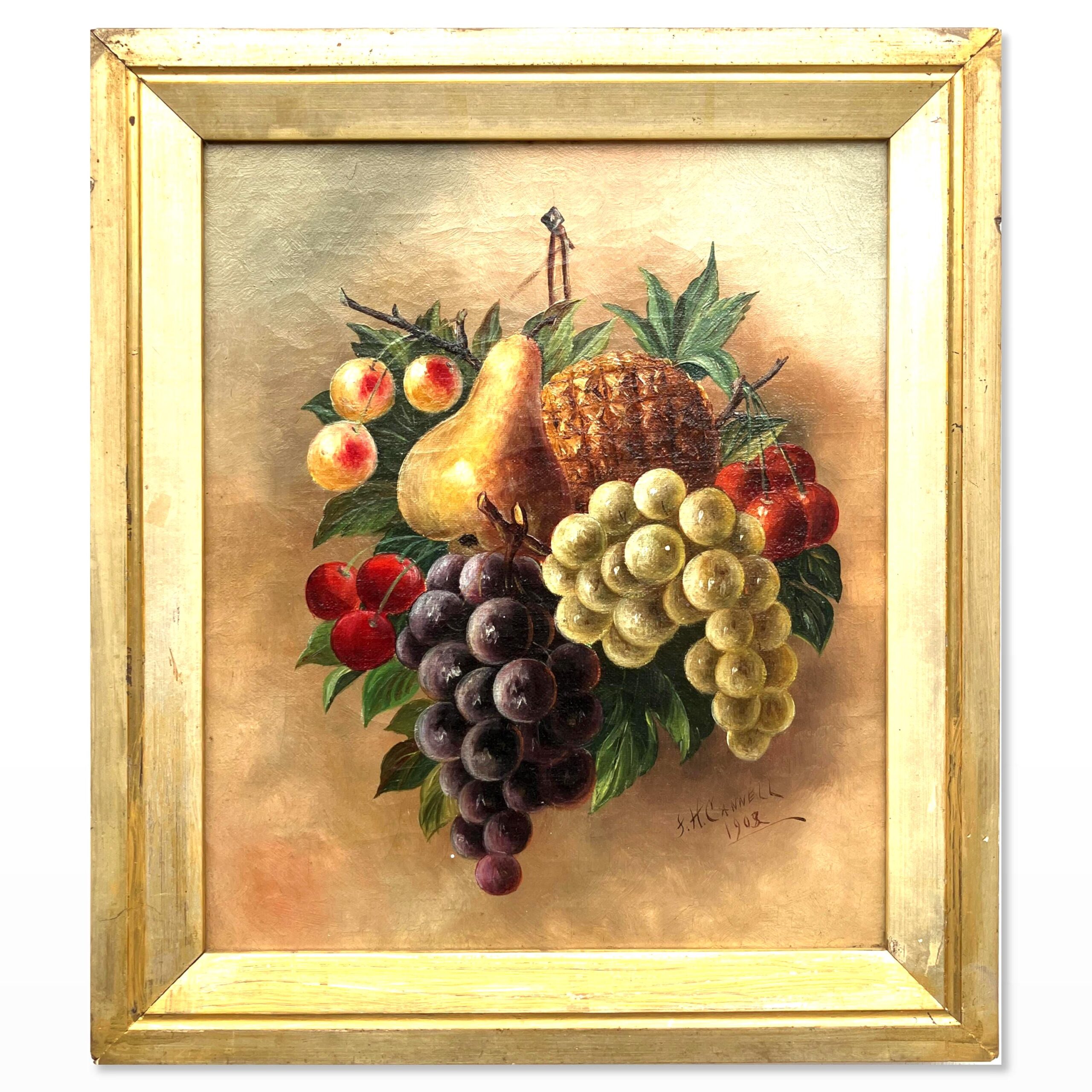 Antique European Fruit Still Life Oil Painting – Grapes, Pear, Cherries, Pineapple 1908
