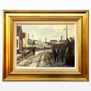 Harbor Scene Oil Painting, Danish Fishing Harbor with Figures, 1970s