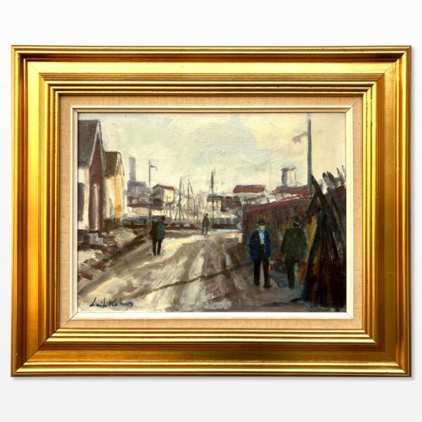 Harbor Scene Oil Painting, Danish Fishing Harbor with Figures, 1970s