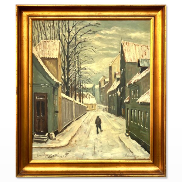 Scandinavian Street Scene Painting – Aalborg 1928 Skolegade – Danish Vintage Oil Painting