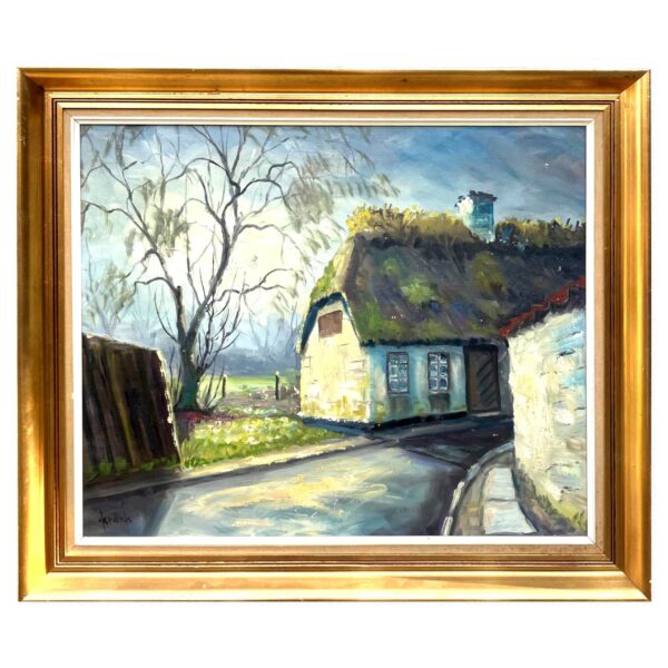 Original Danish Thatched Cottage Oil Painting – Vintage Scandinavian Countryside Art