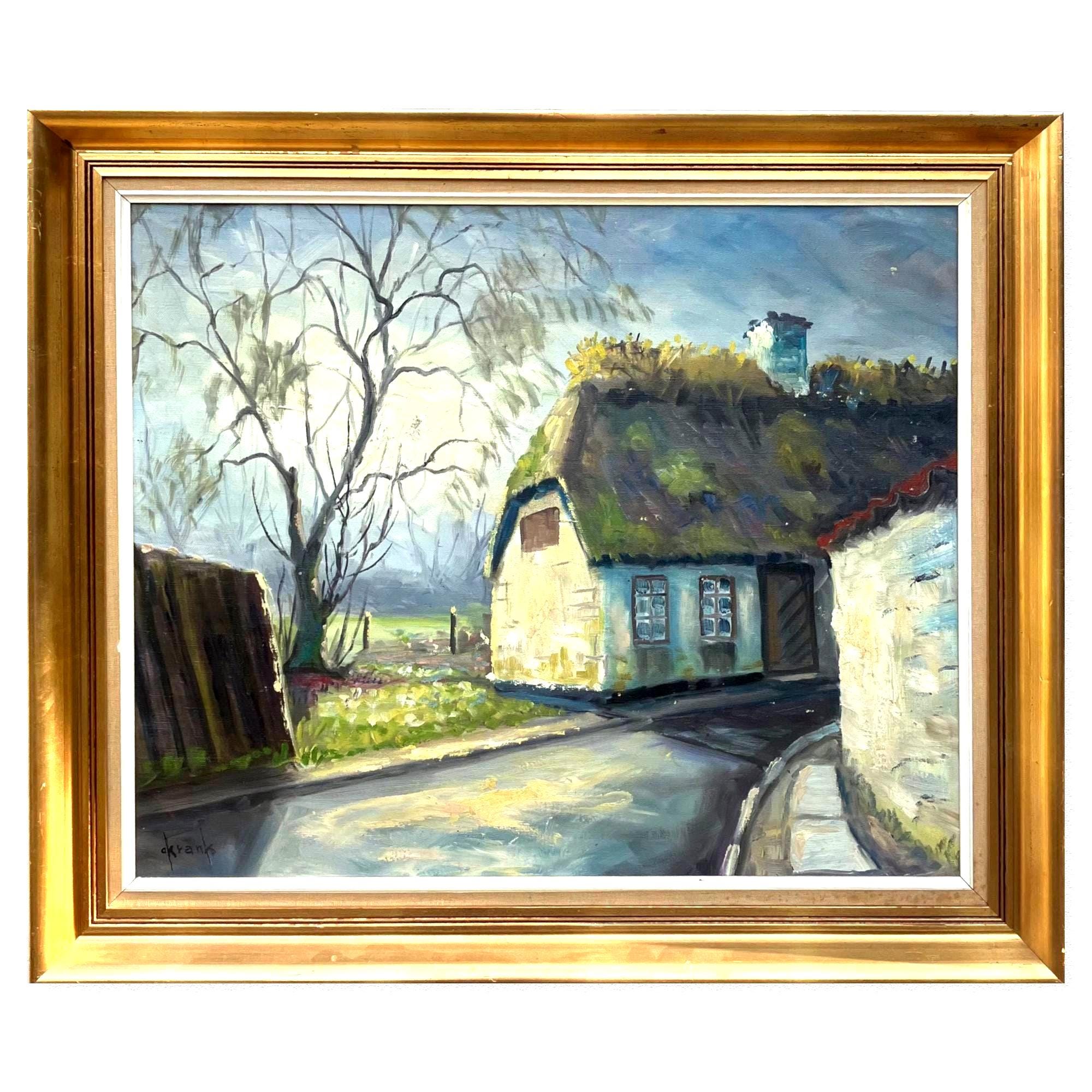 Original Danish Thatched Cottage Oil Painting – Vintage Scandinavian Countryside Art - Image 1