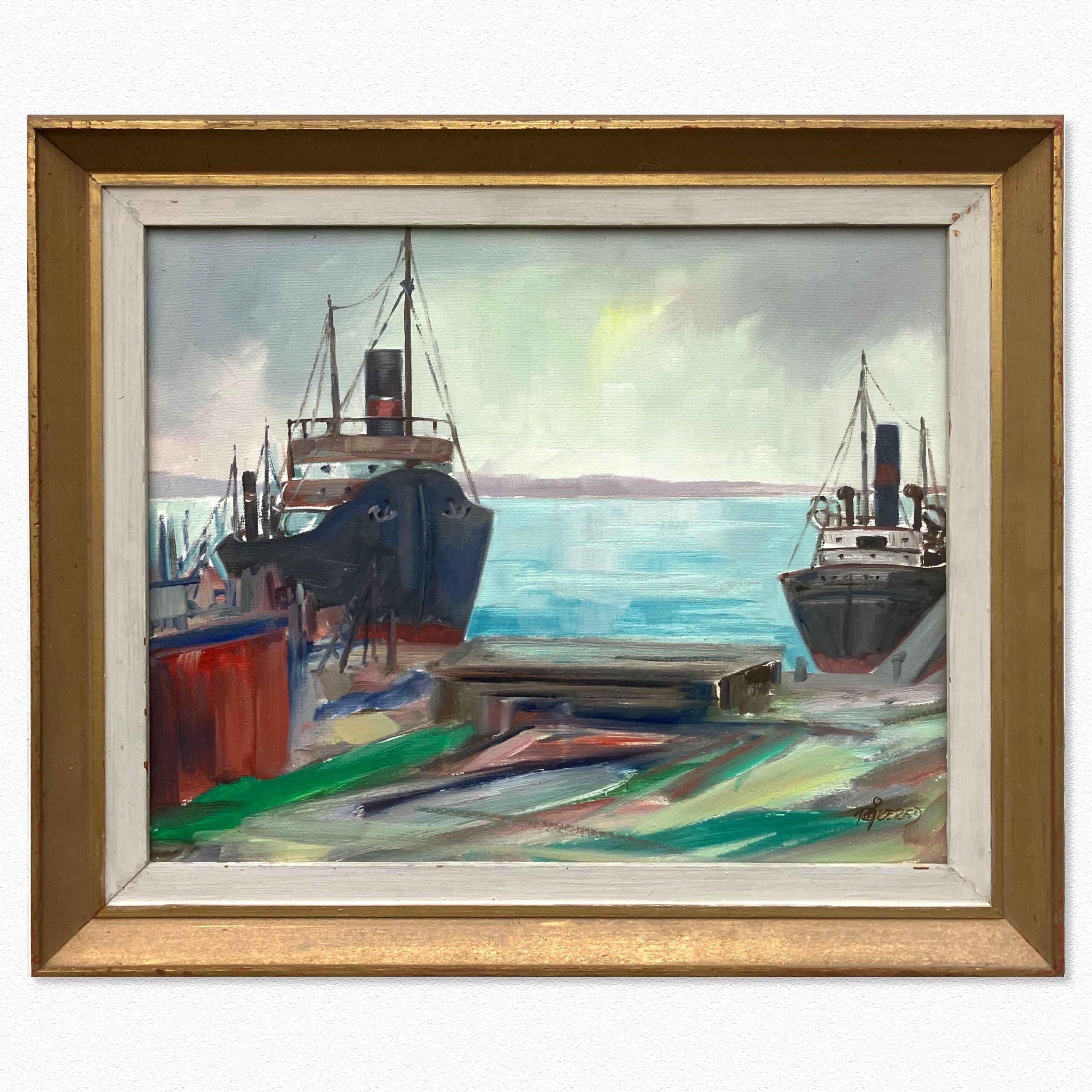 Vintage Swedish Oil Painting – Harbor Scenery with Boats, Framed Fine Art - Image 1