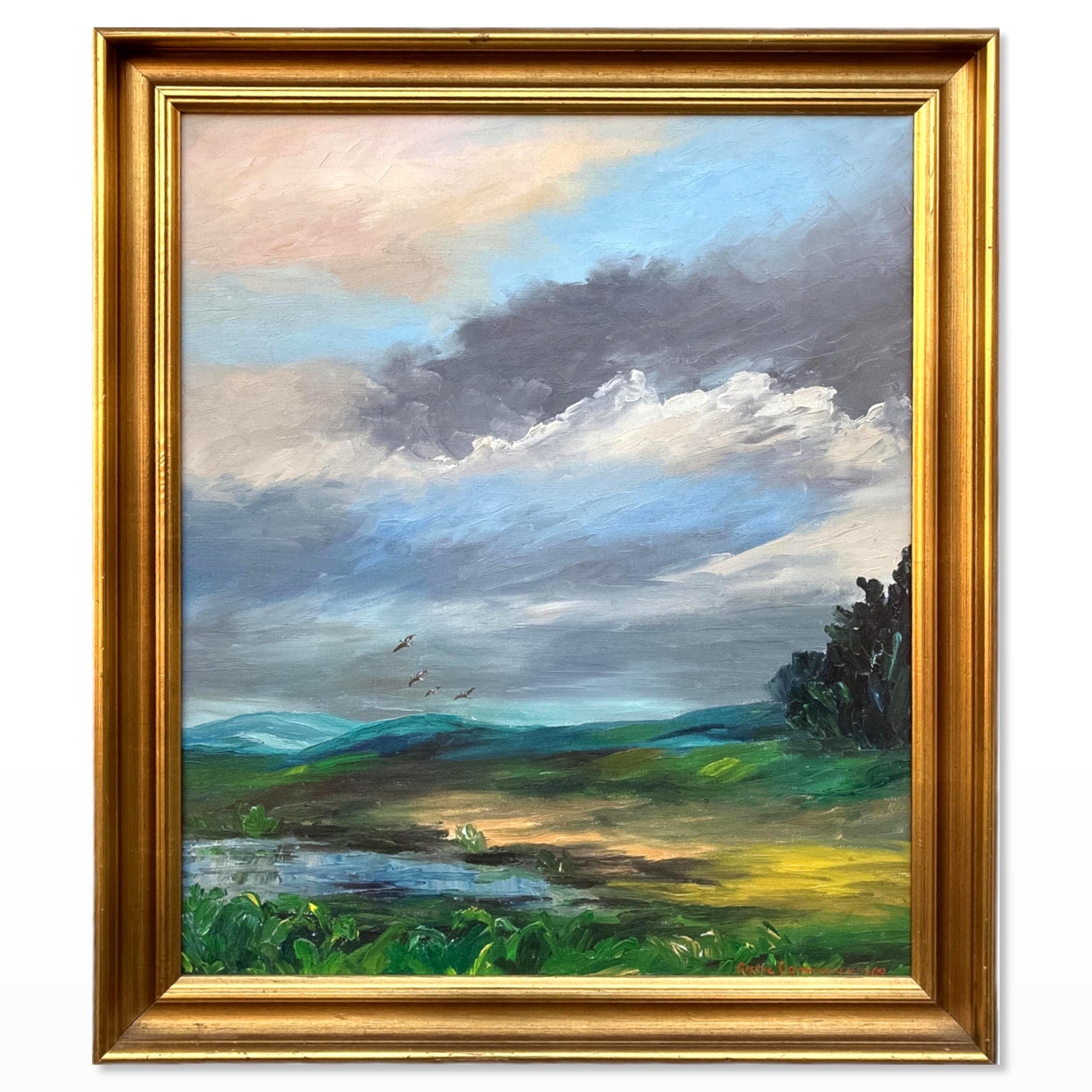 Vintage Danish Landscape Oil Painting, Birds and Dramatic Sky, Signed and dated 1969 - Image 1