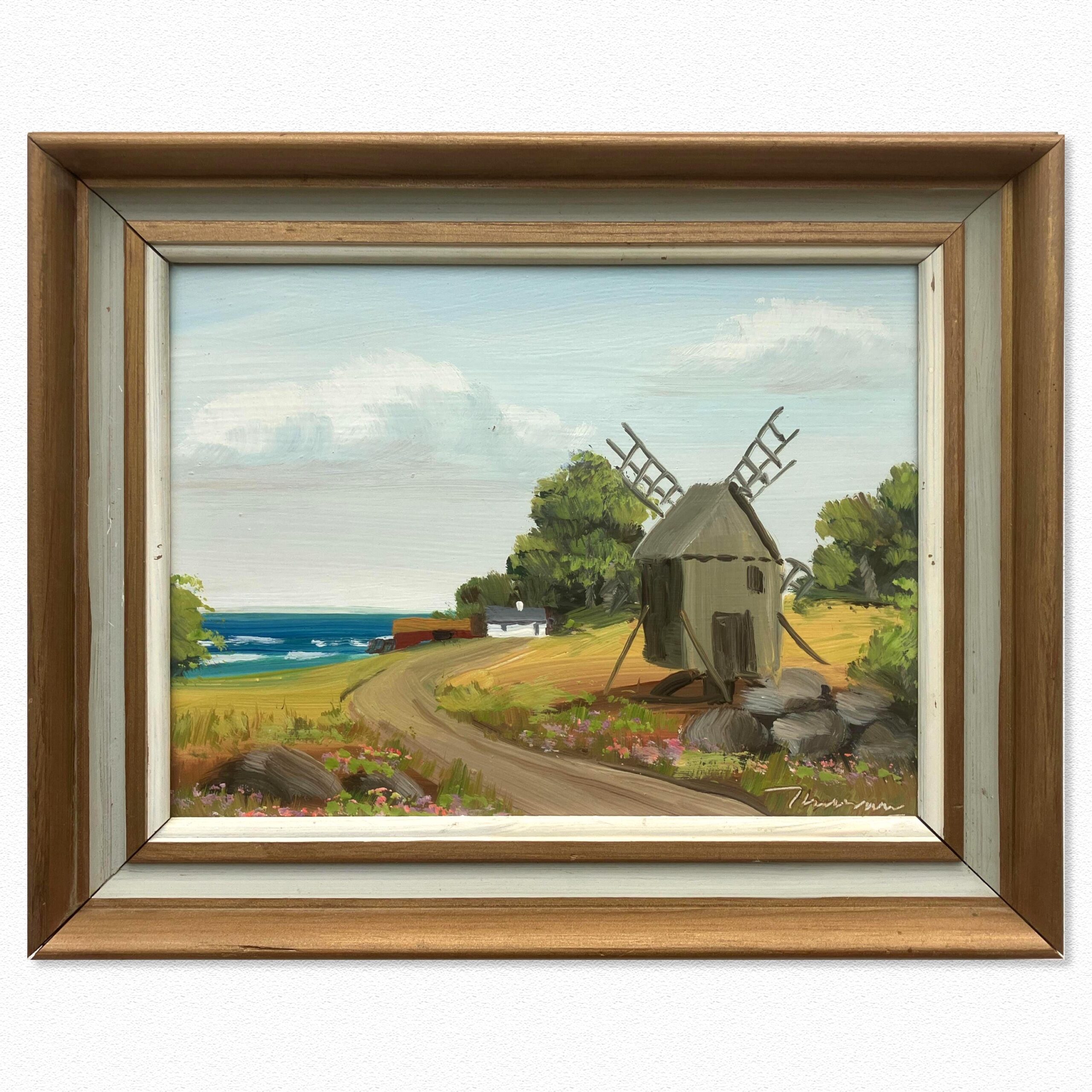 Vintage Folk Art Oil Painting, Swedish Windmill by Sea, 1970s Framed Art