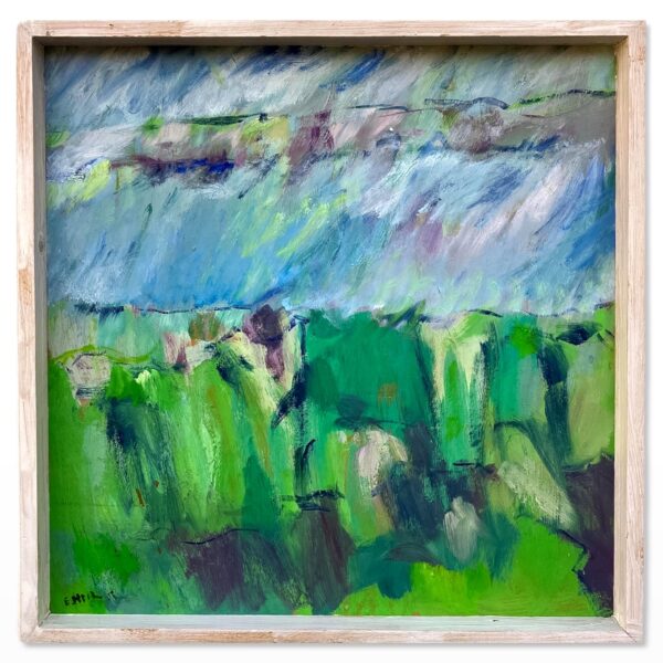 Original Danish Oil Painting – Abstract Green Marsh Landscape – Late 20th Century