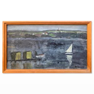 Danish Lake Landscape with Sailboat, Oil on Canvas, Mid-20th Century
