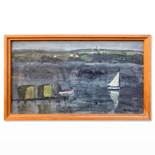 Danish Lake Landscape with Sailboat, Oil on Canvas, Mid-20th Century