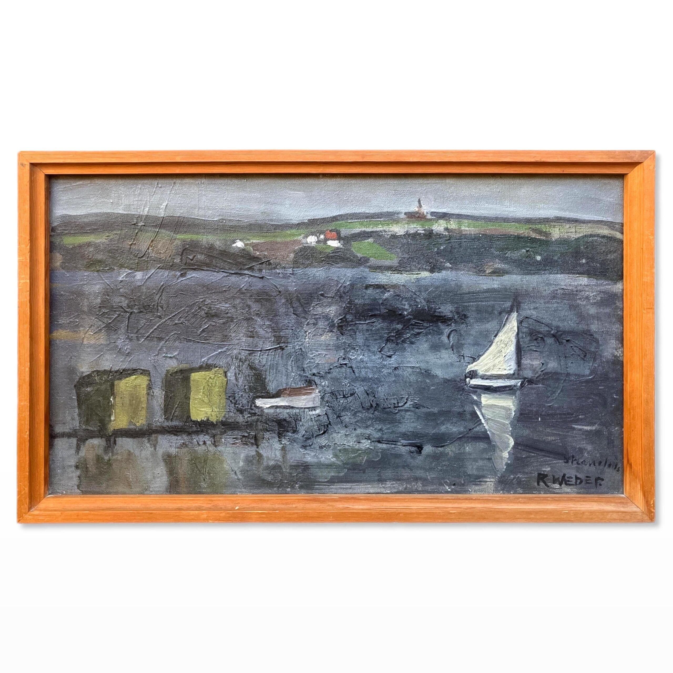 Danish Lake Landscape with Sailboat, Oil on Canvas, Mid-20th Century - Image 1