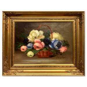 Vintage Danish Floral Oil Painting, Basket of Flowers, 1920s Still Life