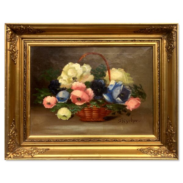 Vintage Danish Floral Oil Painting, Basket of Flowers, 1920s Still Life