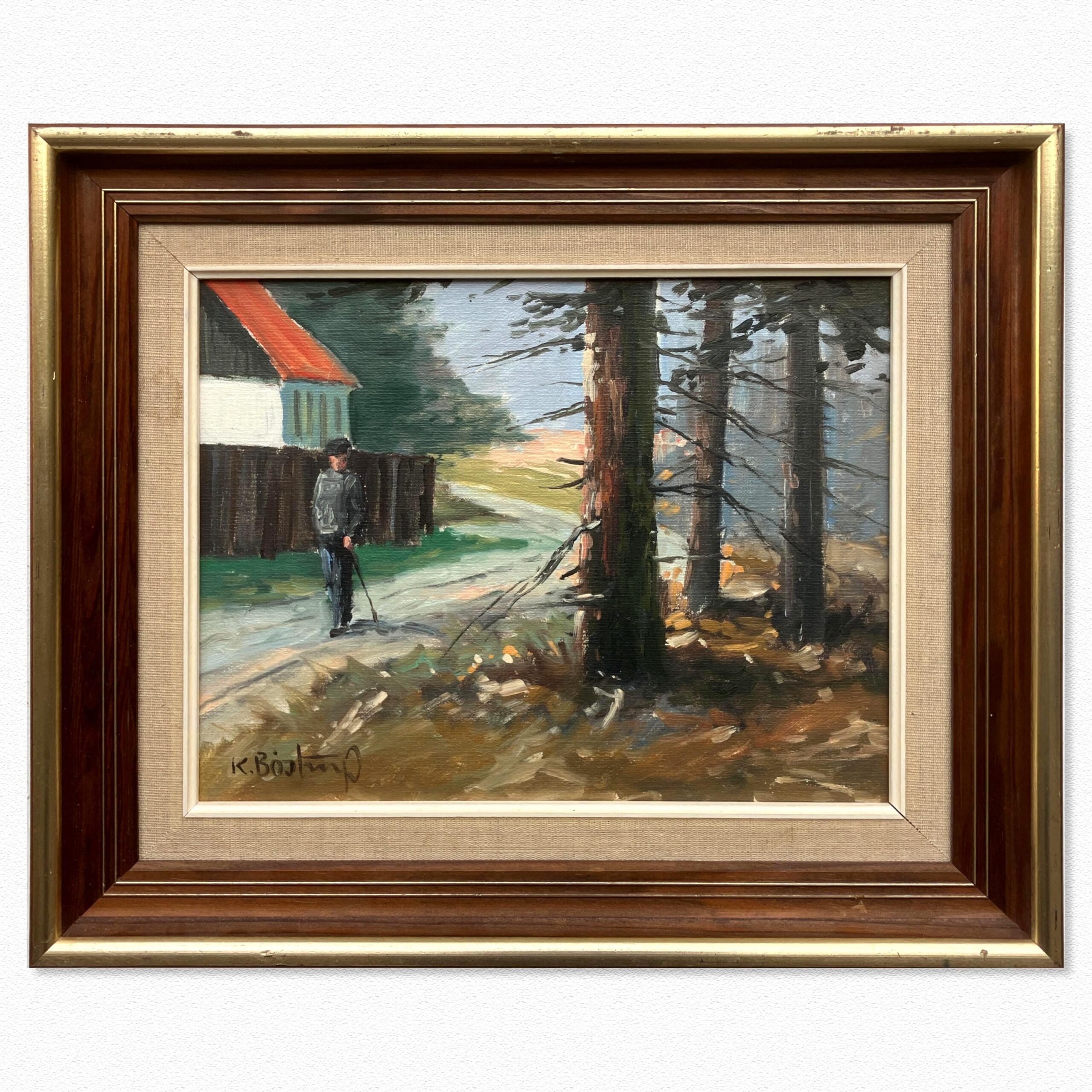 Vintage Impressionist Oil Painting – Danish Countryside Scene with walking figure, Framed Original Fine Art