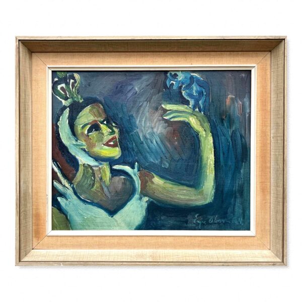 Danish Mid-Century Expressionist Oil Painting: Princess with Parrot, Signed Art